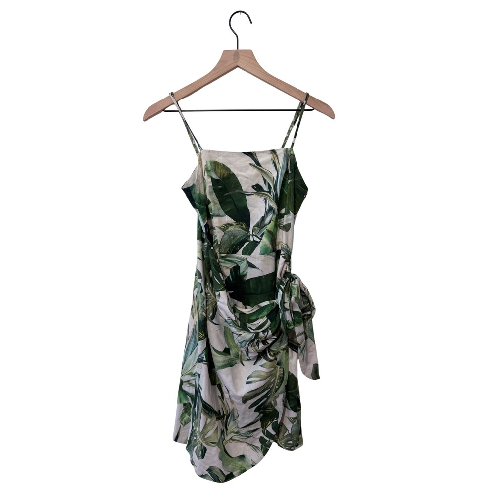 Gianni Bini Tropical Palm Print Linen Blend Wrap Mini Dress Side Tie